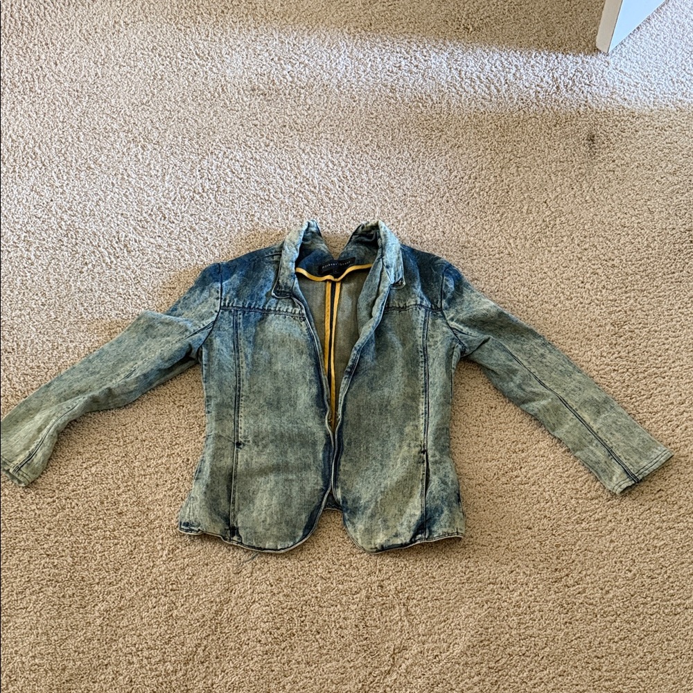 Theory Washed Blue Denim Jacket with Yellow Piping